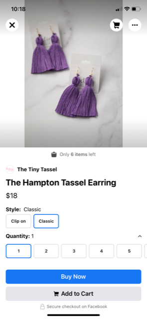 A Facebook product detail page for a pair of Tiny Tassel earrings 