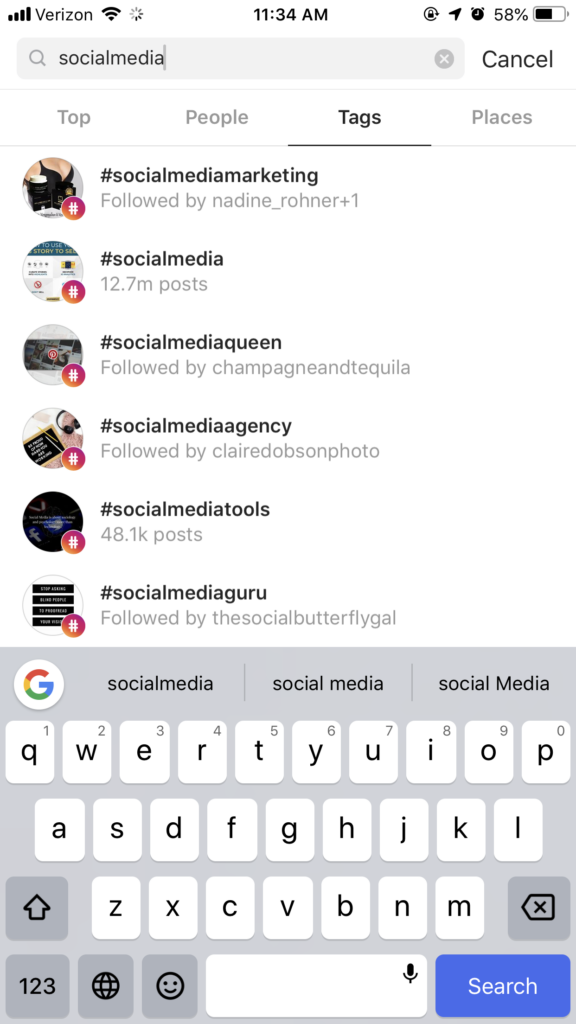 Screenshot of tag search on Instagram