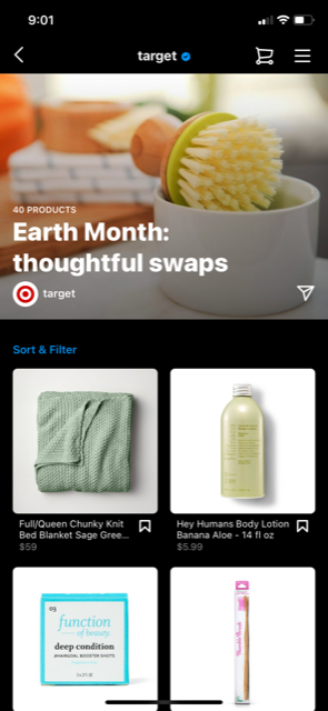 Target's curated list of items for sale on their Instagram Shopping page. 