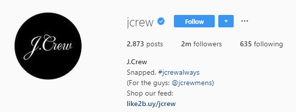 J Crew's "shop our feed" in their bio serves as an actionable call-to-action