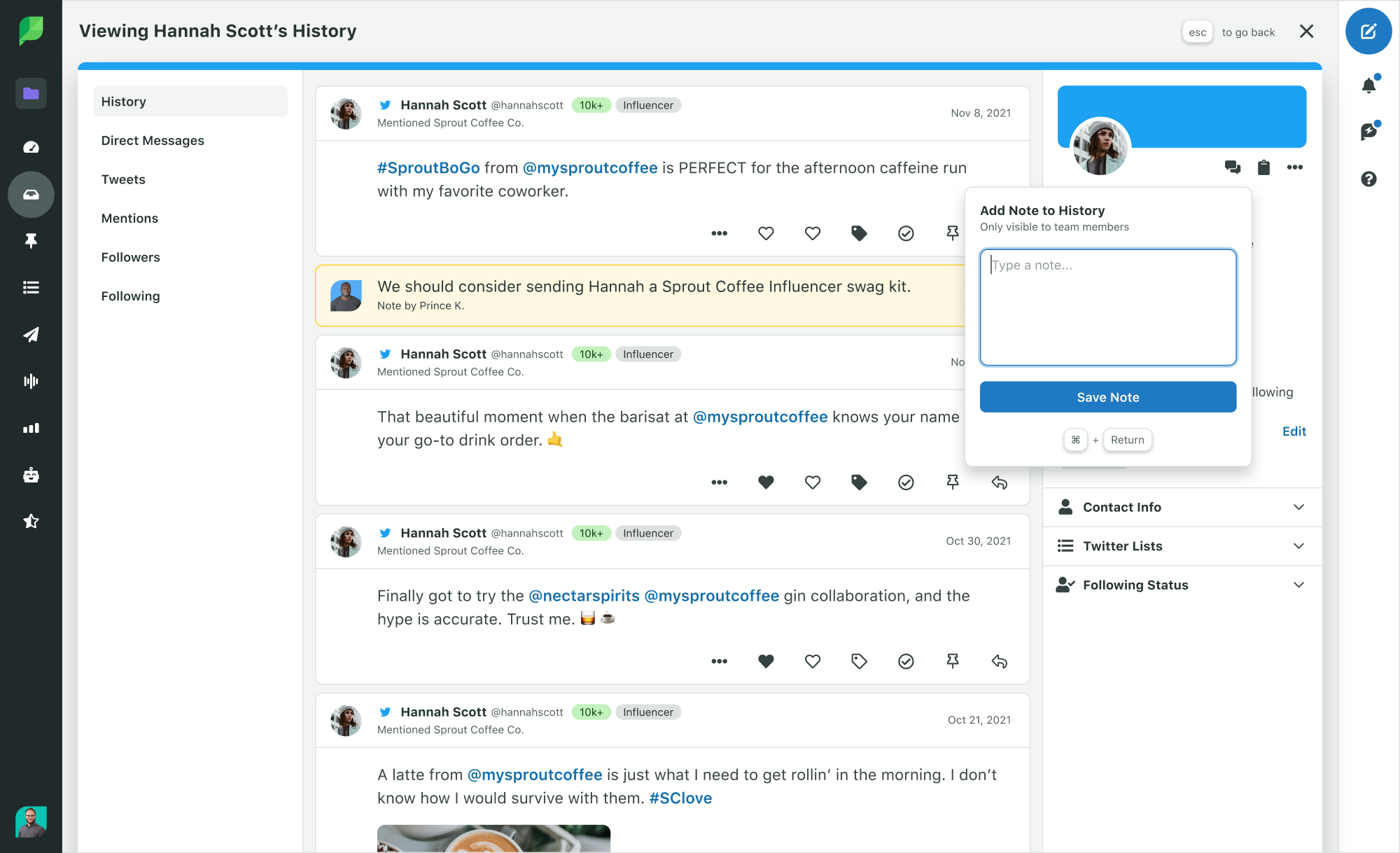 Sprout Social-Produktbild zeigt einen Twitter-Interaktionsverlauf mit einem Kontakt, zu dem eine Notiz hinzugefügt wird