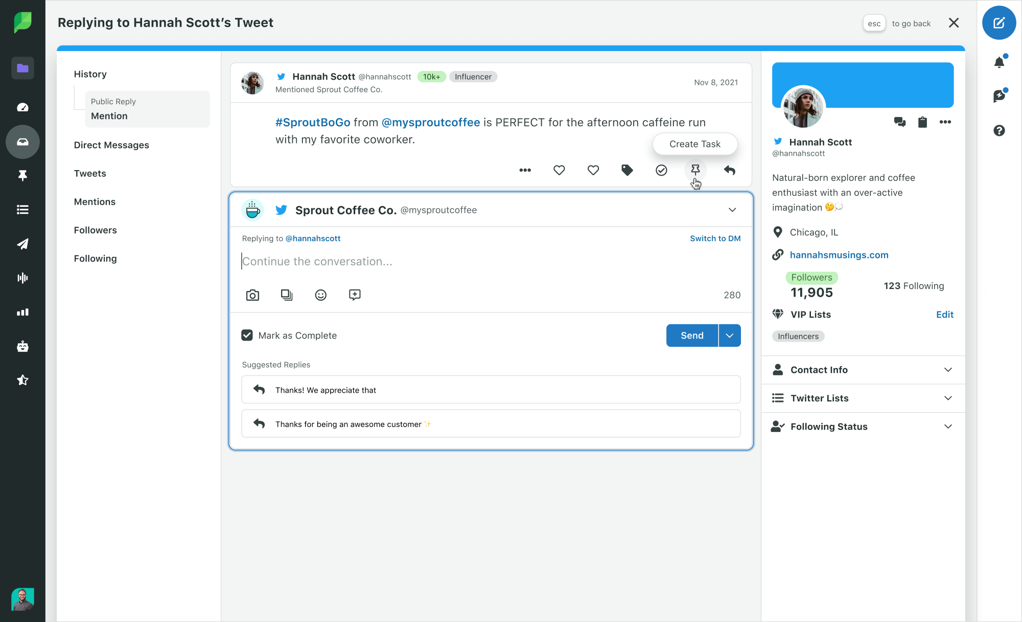 Immagine del prodotto Visuale dei contatti che interagiscono con creazione di un incarico nella risposta su Twitter di Sprout Social