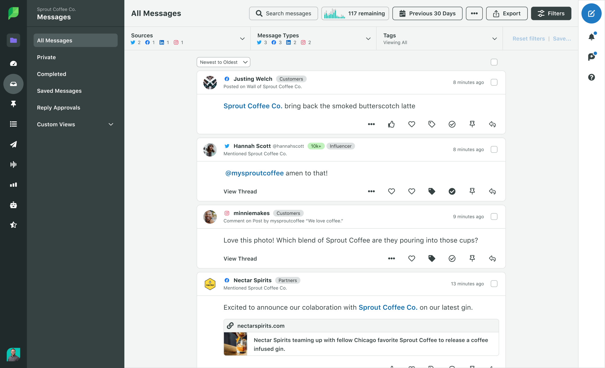 Immagine del prodotto Smart Inbox per le interazioni di Sprout Social con tutti i filtri selezionati