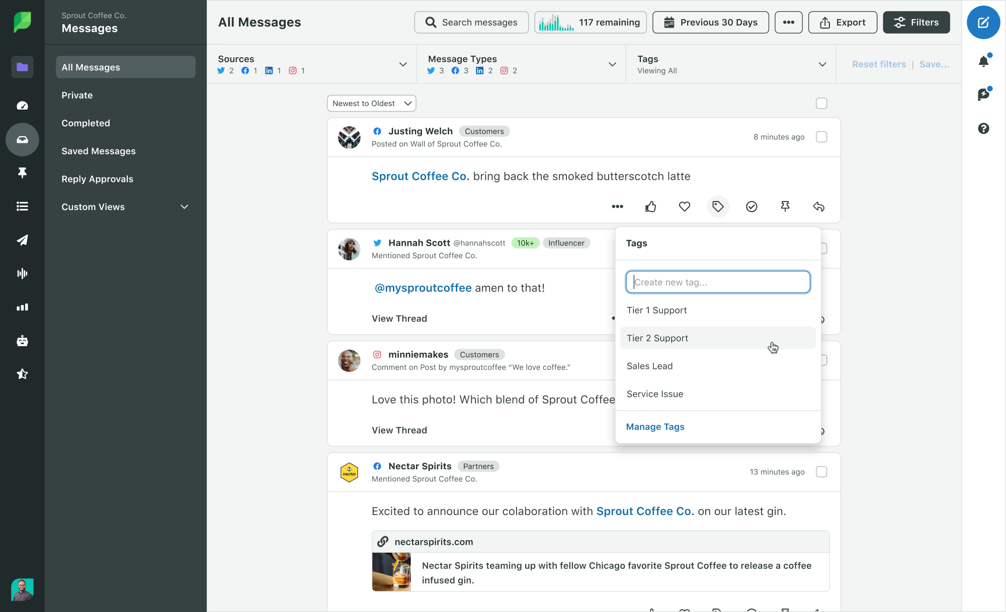 Sprout Social's Smart Inbox with message tagging and collaboration