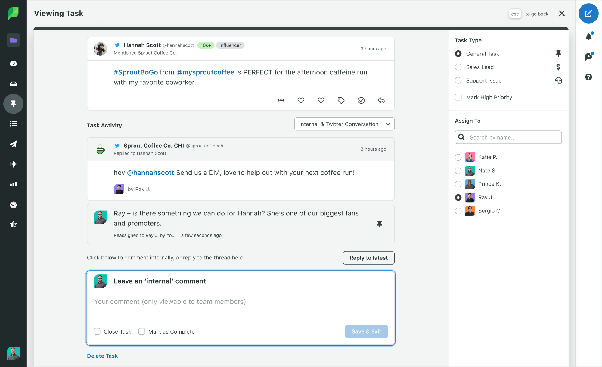 Sprout Social-Produktbild zeigt den Aktivitätenverlauf einer Twitter-Aufgabe