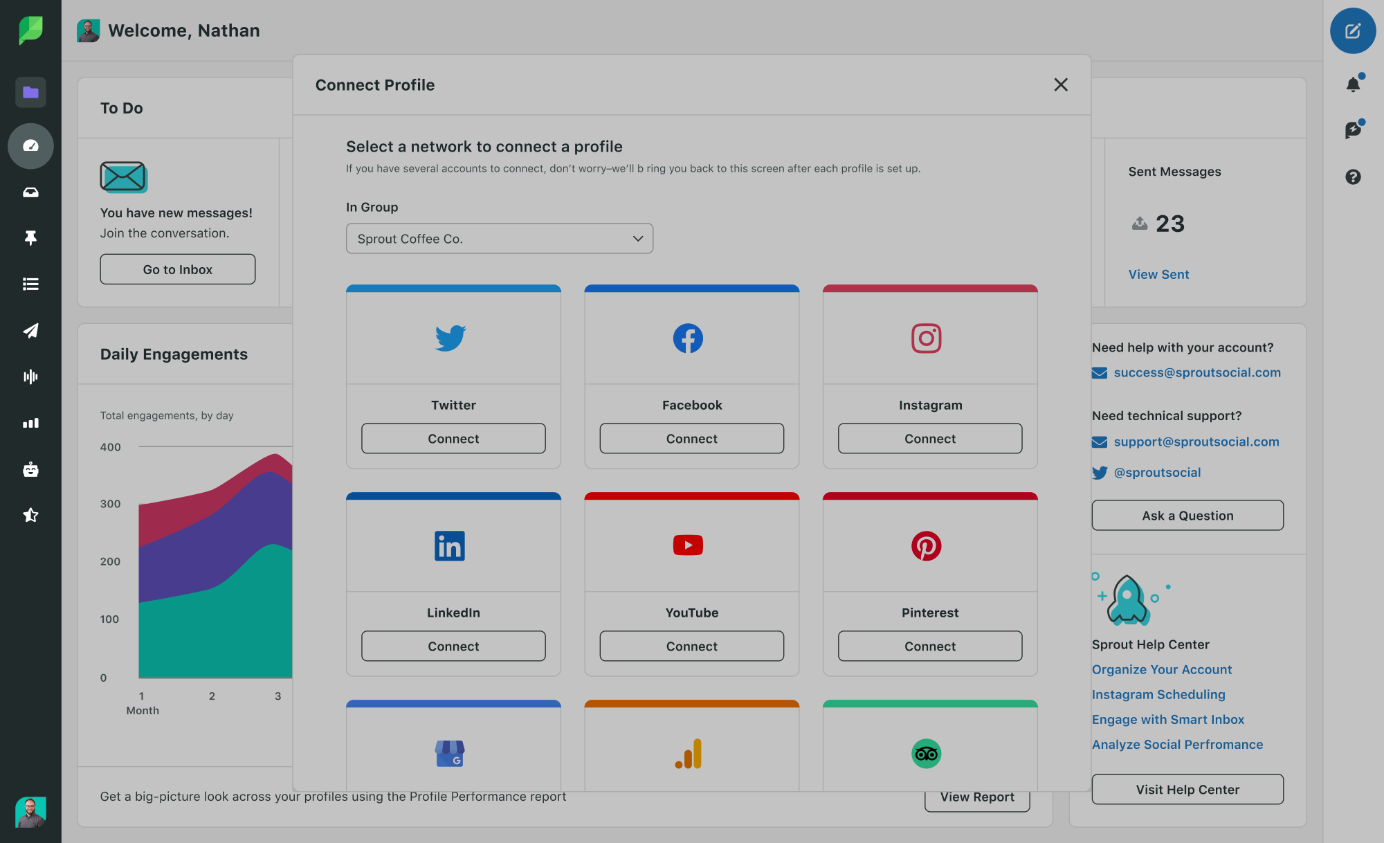Sprout Social-Produktbild zeigt die Übersicht für die Verbindung von Profilen