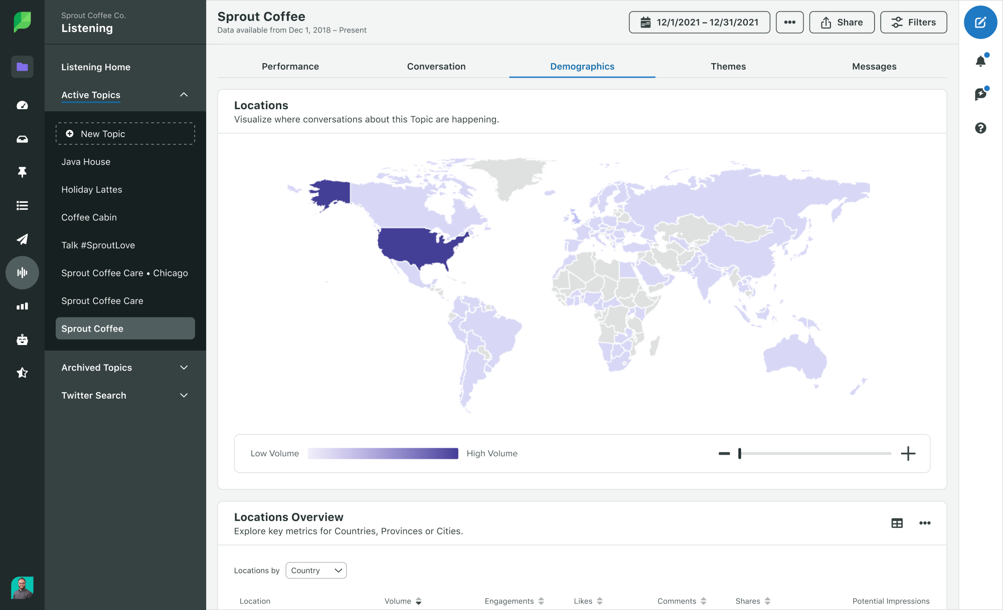 Sprout Social: imagem de produto Mapa de localização demográfica do listening