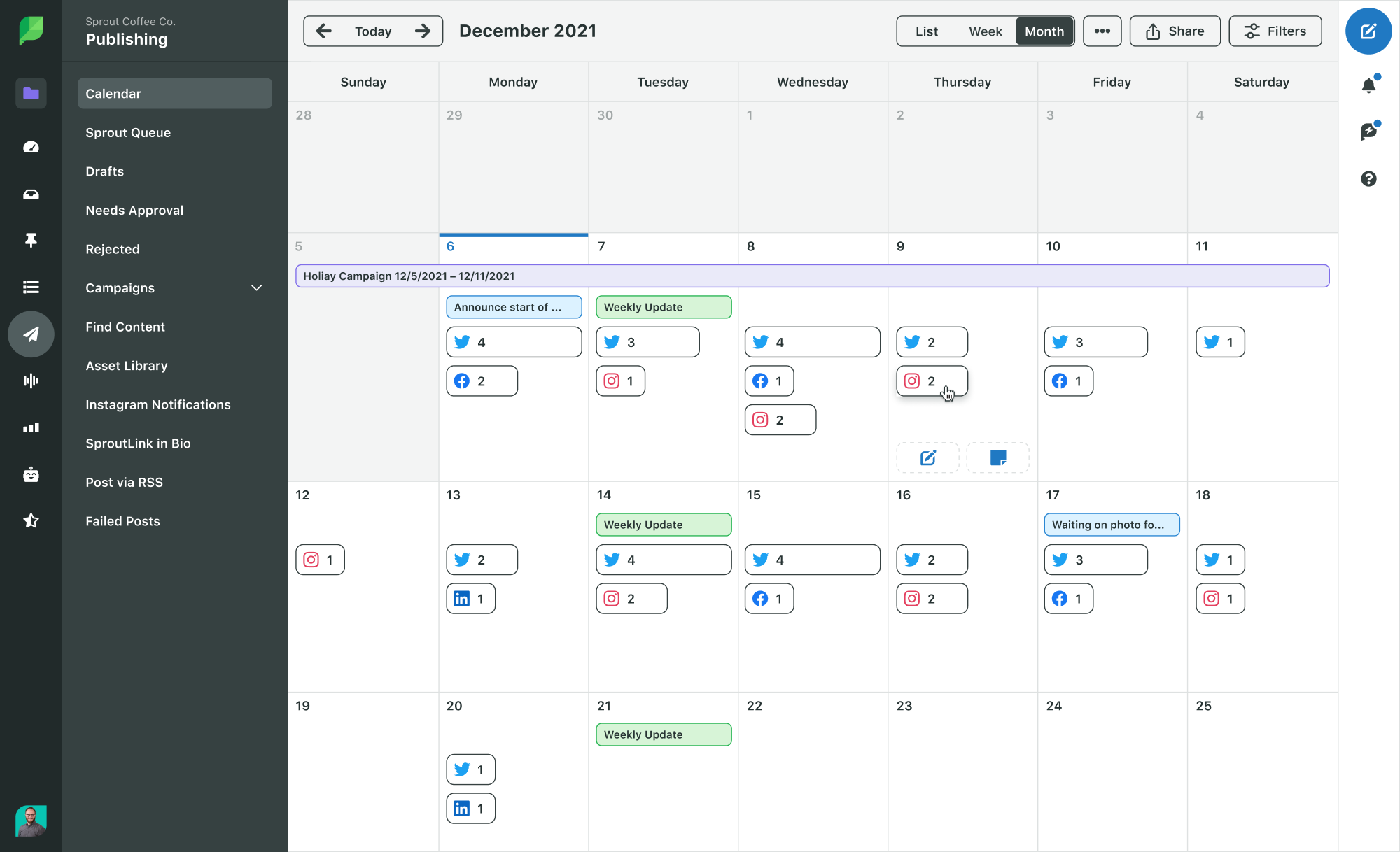 Sprout Social-Produktbild zeigt eine Monatsansicht des Veröffentlichungs-Kalenders