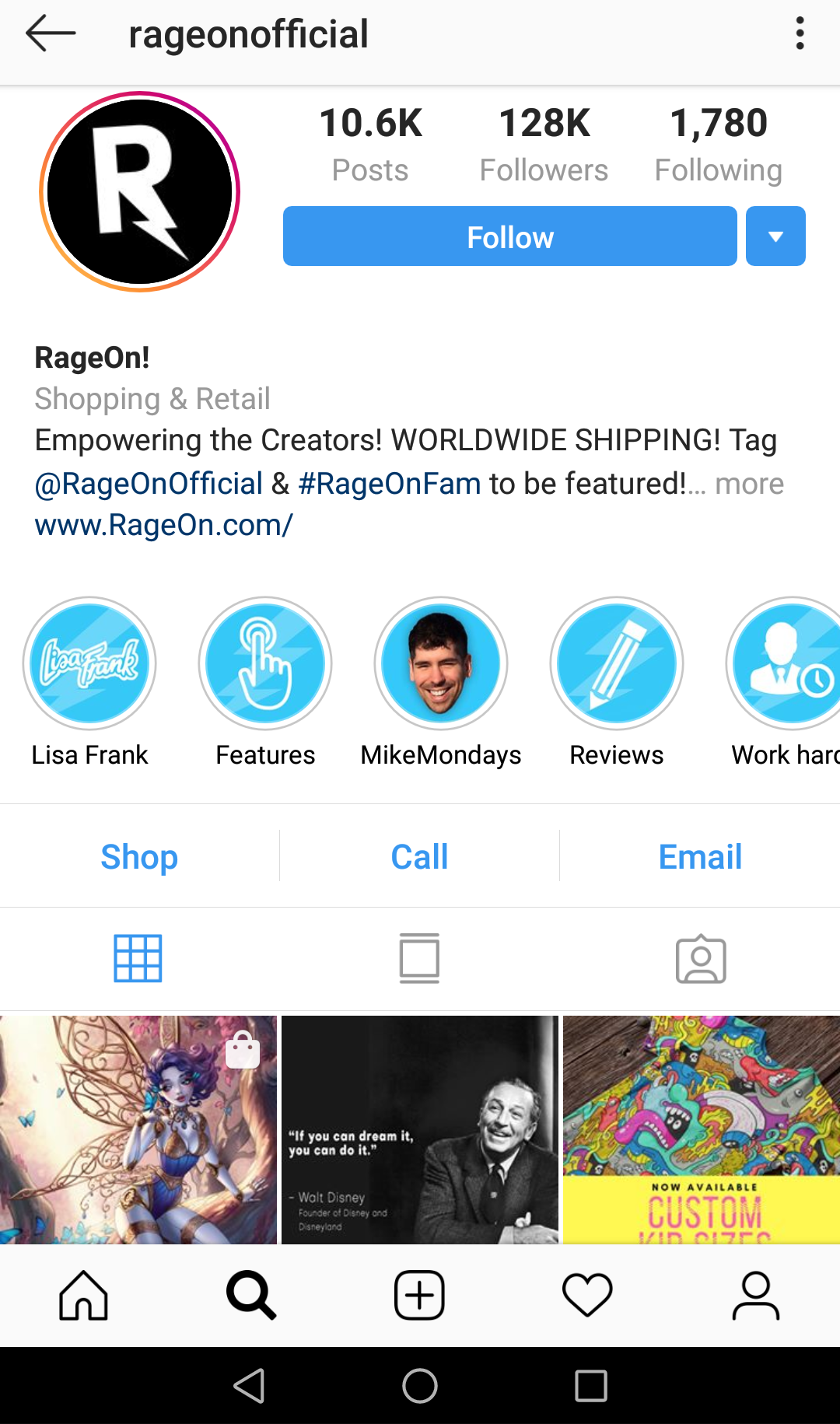 RageOn's bio leads directly to a mobile-optimized landing page