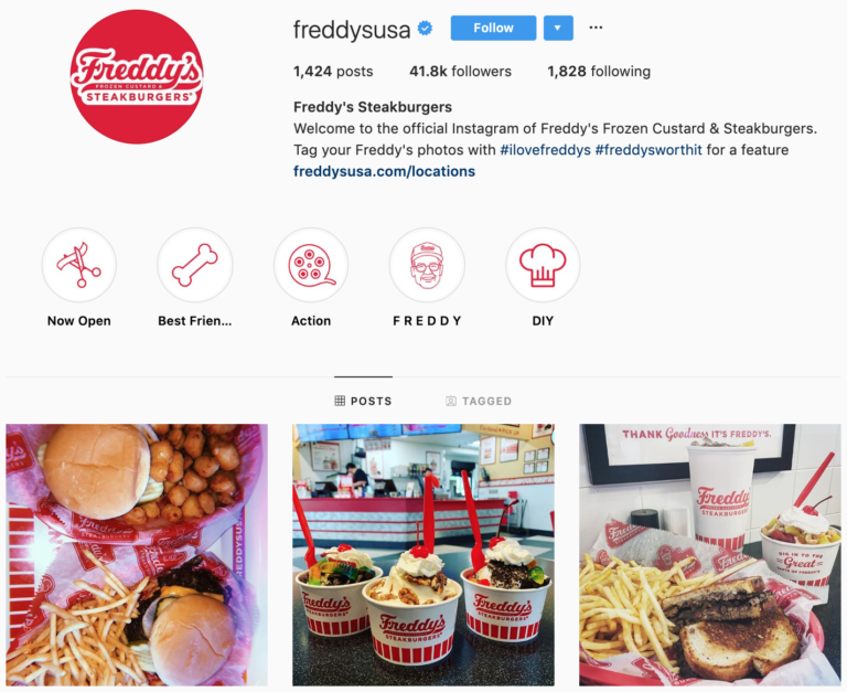 Freddy's Steakburgers IG bio showing their use of highlights