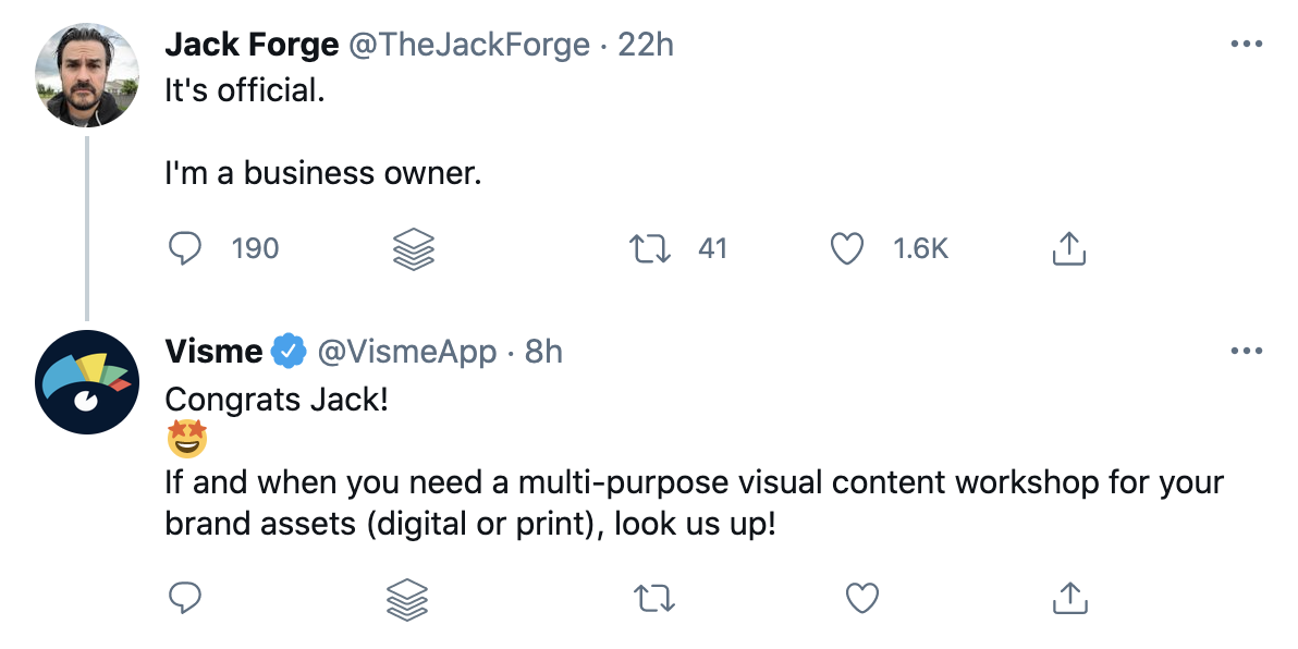 Visme's personalized response to a user on Twitter
