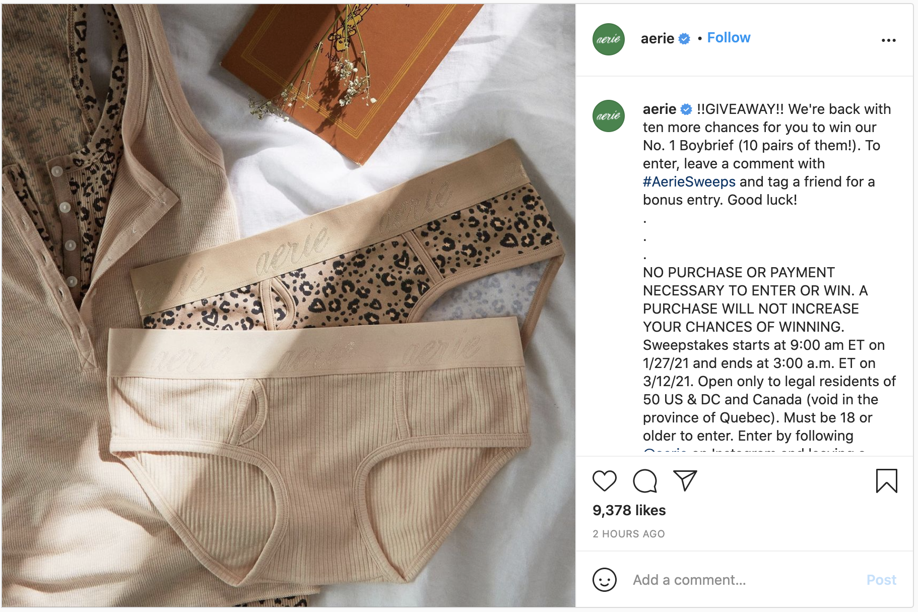 Screenshot of an Aerie giveaway on Instagram.