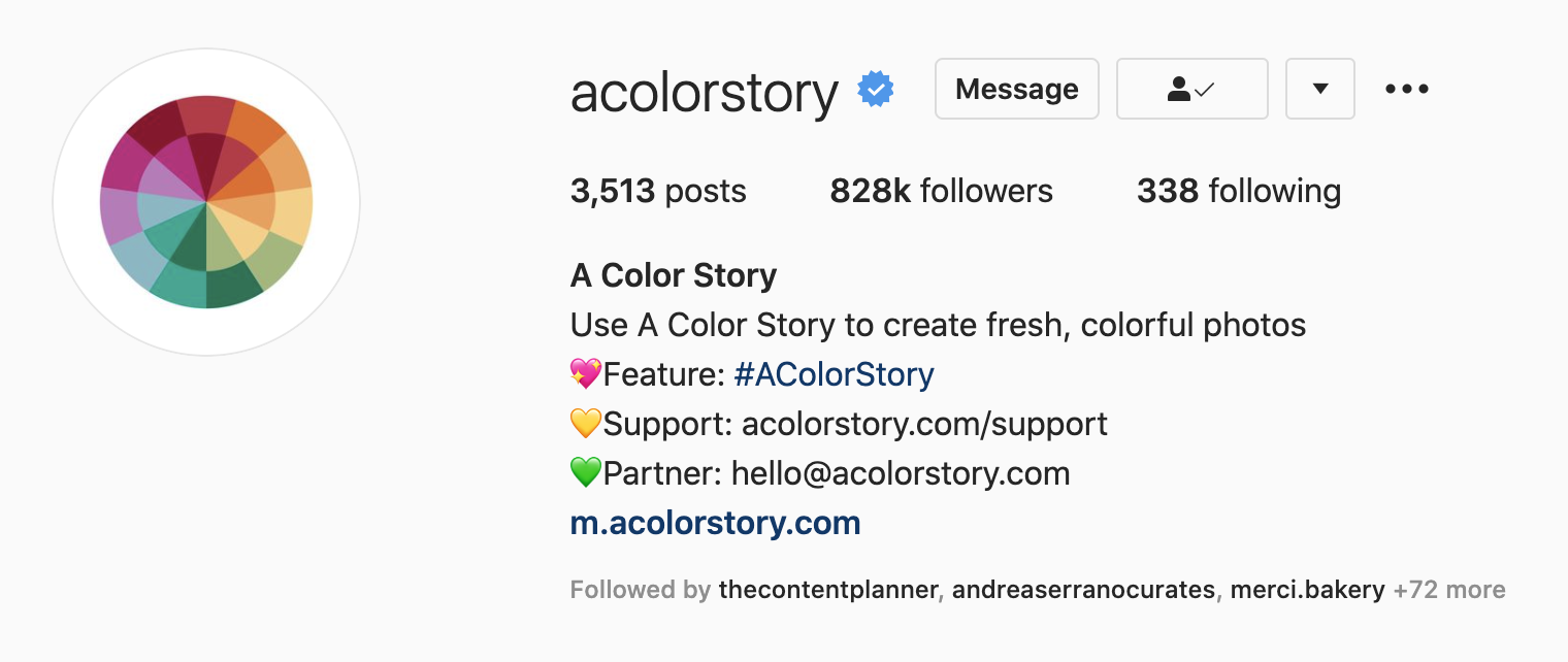 Screenshot of A Color Story's Instagram bio showcasing a branded hashtag for community engagement and UGC..