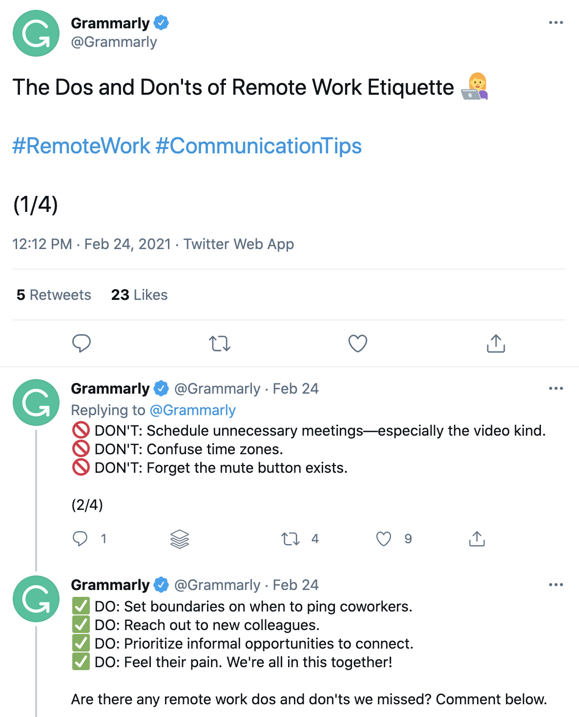 Screenshot of a Twitter thread by Grammarly that is informative and shows empathy.