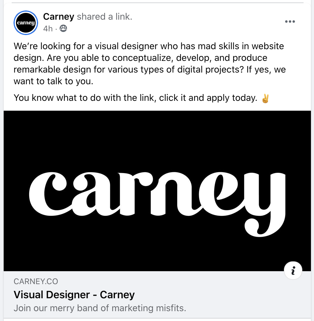 Screenshot from The Daily Carnage Facebook Group calling for designers to apply to a job listing.